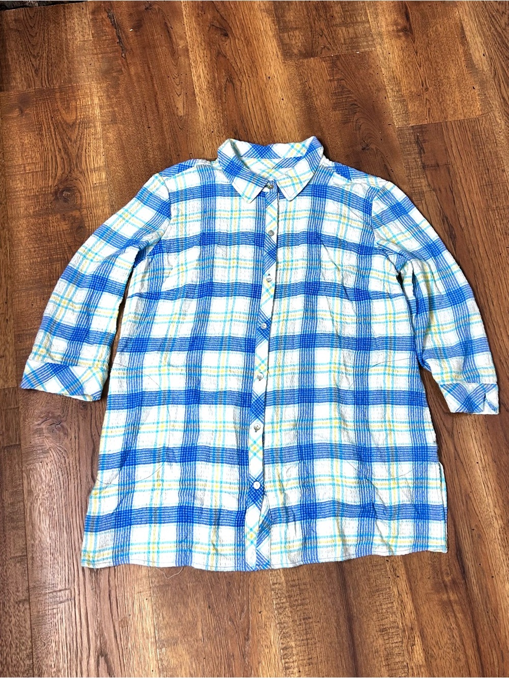 Susan Graver Blue and White Plaid Button-Down Shirt